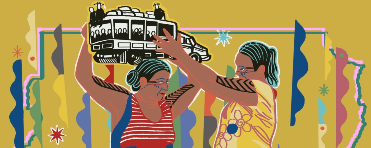 Na imagem consta uma obra de Adriane Dzúkayá Kariú, contando com duas mulheres indígenas dispostas uma de frente para a outra em um fundo colorido.